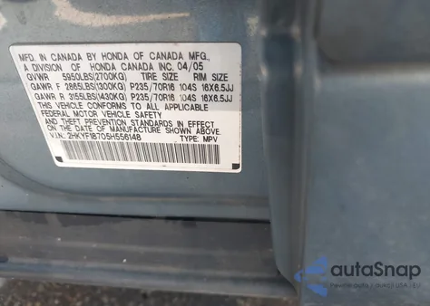 2005 Honda Pilot Ex-L from USA, damaged, VIN 2HKYF18705H556148